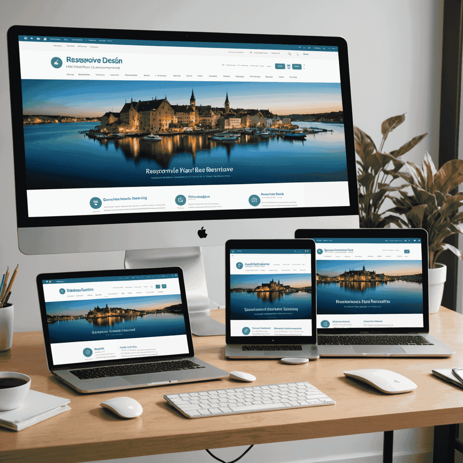 Imagen que muestra varios dispositivos (computadora de escritorio, tableta y teléfono inteligente) mostrando el mismo sitio web adaptado a cada tamaño de pantalla, ilustrando el concepto de diseño responsivo