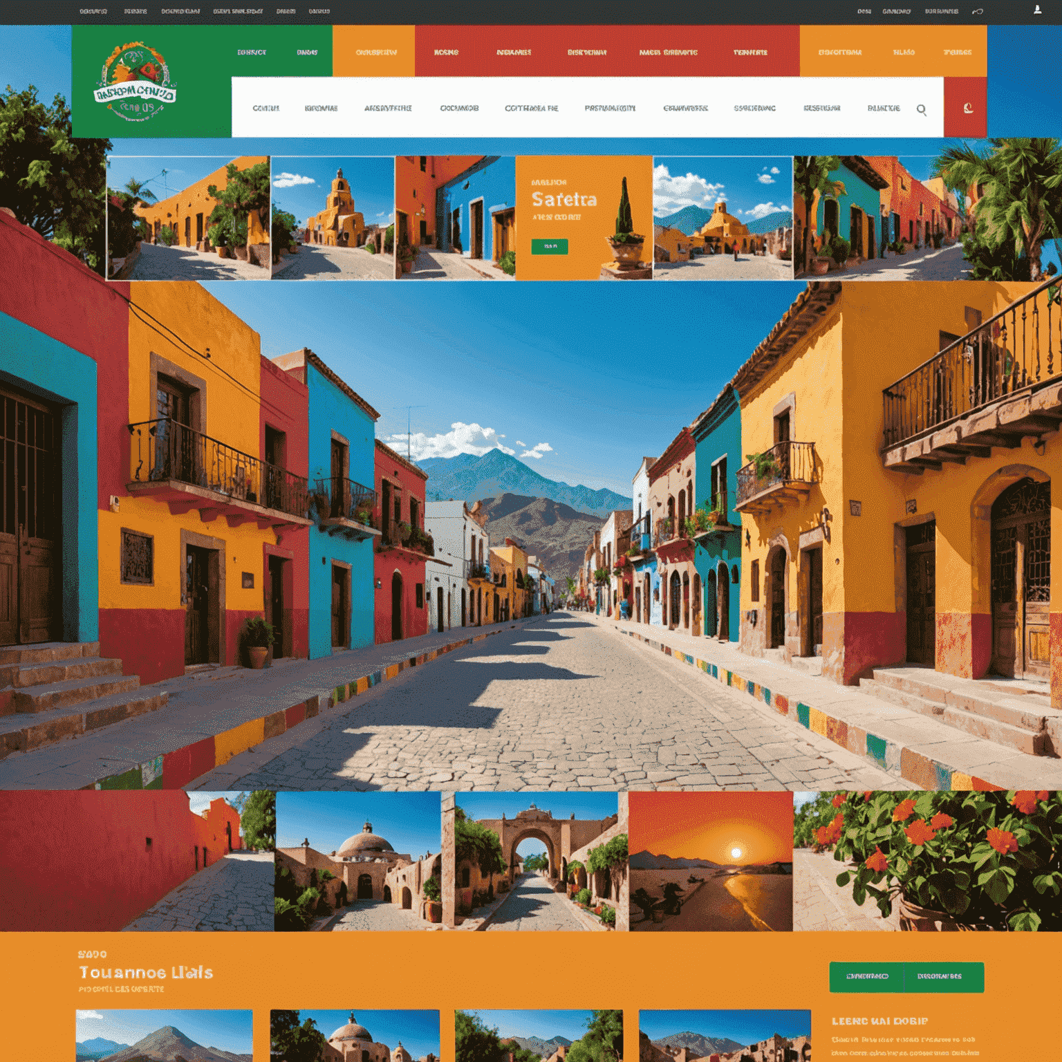 Captura de pantalla de un sitio web de turismo mexicano con un diseño colorido y elementos culturales integrados